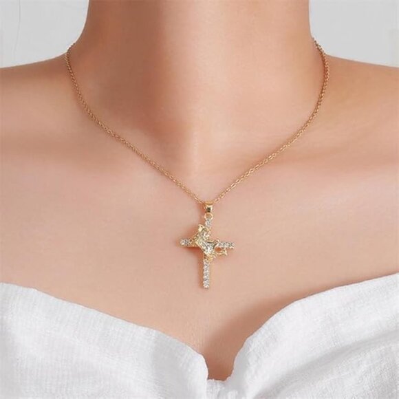 Sparkling Crown Gold Cross Pendant Necklace Christian Jewelry Gift for Women Men - Picture 2 of 8